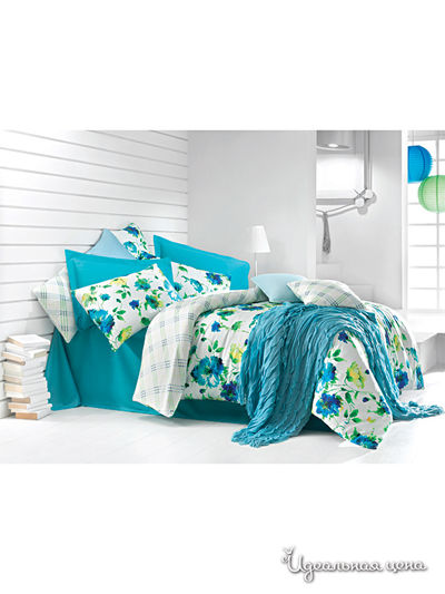 Комплект постельного белья Евро Issimo, цвет белый, бирюзовый