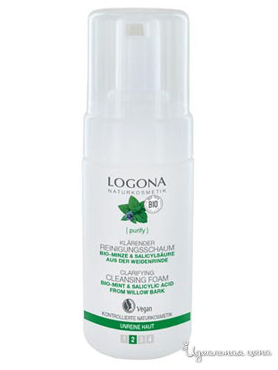 Пенка для выравнивания кожи лица очищающая с Био-мятой и салициловой кислотой из коры ивы, 100 мл, Logona