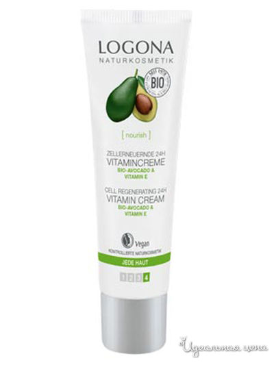 Крем для клеточного восстановления кожи лица витаминный 24 ч с Био-авокадо и витамином E, 30 мл, Logona