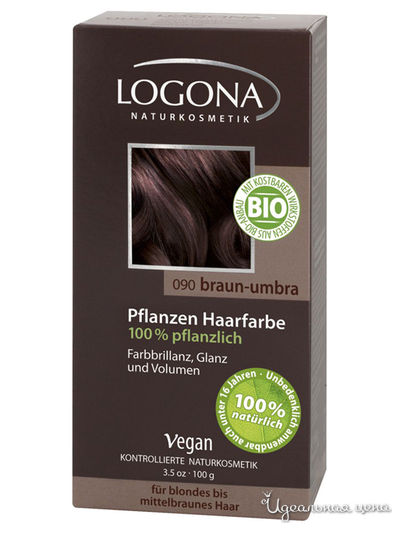 Краска для волос растительная, 090 умбра темно-коричневый, 100 г, Logona