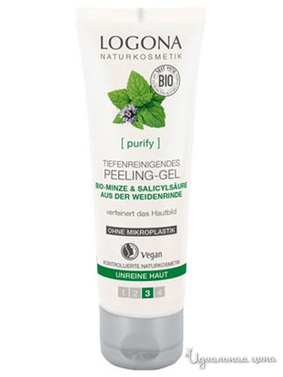 Гель для лица отшелушивающий для глубокого очищения кожи с Био-мятой и салициловой кислотой из коры ивы, 100 мл, Logona