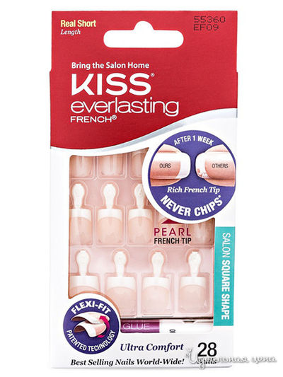 Набор накладных ногтей с клеем ультра стойкий французский маникюр с перламутром, короткая длина, 28 шт, Kiss
