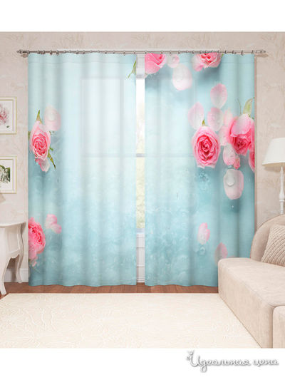 Фотошторы "Капли воды на розах", 145*260 см, 2 шт. Сирень, цвет голубой