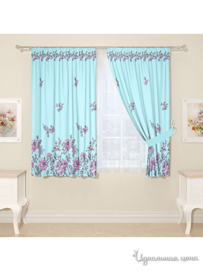 Комплект штор для кухни, штора 2 шт, подхват 2 шт Сирень, цвет голубой