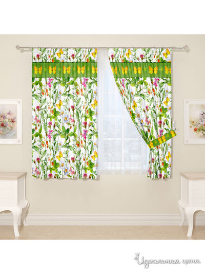 Комплект штор для кухни, штора 2 шт, подхват 2 шт Сирень, цвет зеленый