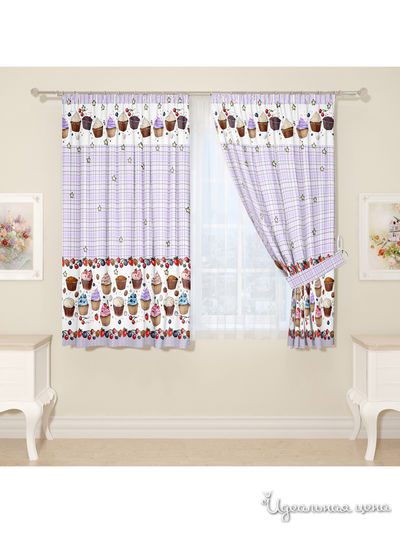 Комплект штор для кухни, штора 2 шт, подхват 2 шт Сирень, цвет фиолетовый