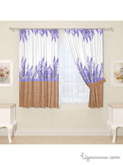 Комплект штор для кухни "Милая лаванда", штора 2 шт, подхват 2 шт Сирень, цвет фиолетовый