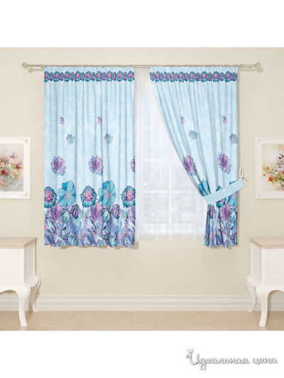 Комплект штор для кухни, штора 2 шт, подхват 2 шт Сирень, цвет голубой