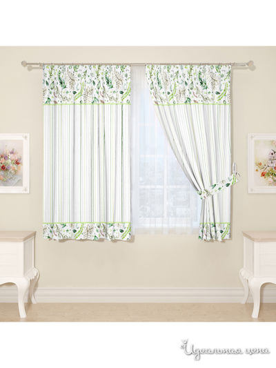 Комплект штор для кухни, штора 2 шт, подхват 2 шт Сирень, цвет зеленый