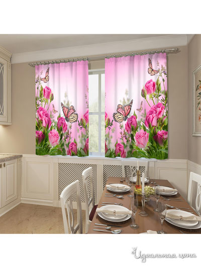 Фотошторы "Стайка бабочек на розах", 145*160 см, 2 шт Сирень, цвет зеленый