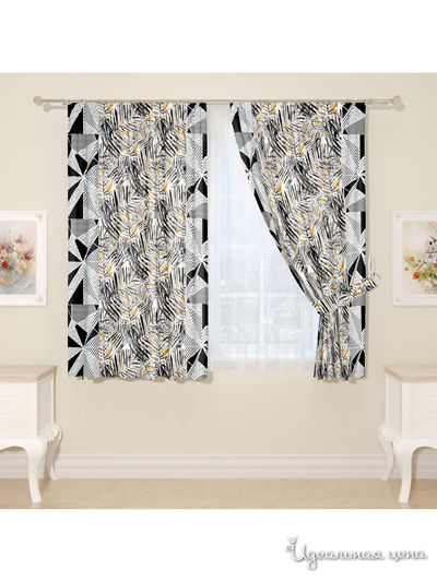 Комплект штор для кухни, штора 2 шт, подхват 2 шт Сирень, цвет черный
