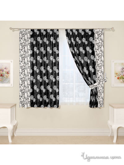 Комплект штор для кухни, штора 2 шт, подхват 2 шт Сирень, цвет черный