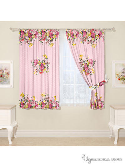 Комплект штор для кухни "Букет цветов и трав", штора 2 шт, подхват 2 шт Сирень, цвет розовый