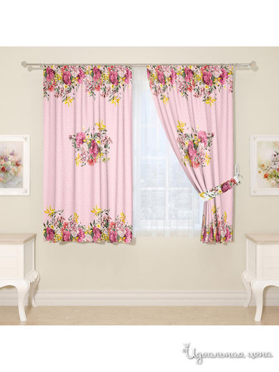 Комплект штор для кухни "Букет цветов и трав", штора 2 шт, подхват 2 шт Сирень, цвет розовый
