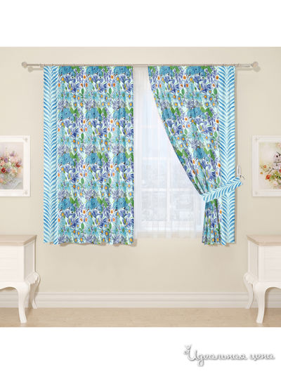 Комплект штор для кухни, штора 2 шт, подхват 2 шт Сирень, цвет голубой