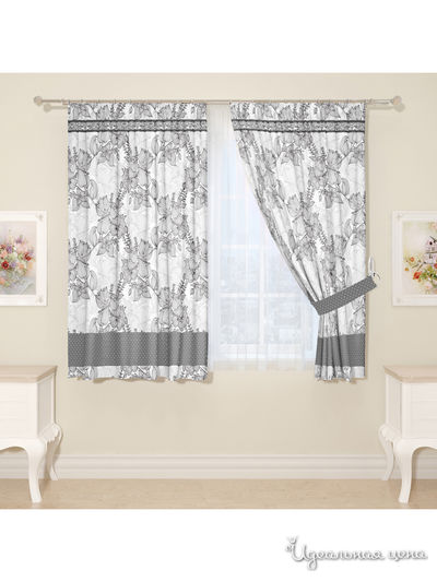 Комплект штор для кухни, штора 2 шт, подхват 2 шт Сирень, цвет серый
