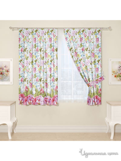 Комплект штор для кухни, штора 2 шт, подхват 2 шт Сирень, цвет розовый, голубой