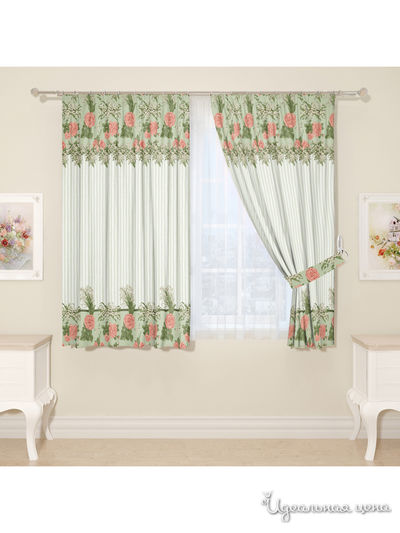 Комплект штор для кухни, штора 2 шт, подхват 2 шт Сирень, цвет зеленый