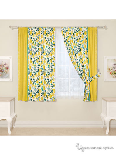 Комплект штор для кухни, штора 2 шт, подхват 2 шт Сирень, цвет желтый