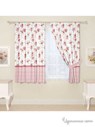 Комплект штор для кухни, штора 2 шт, подхват 2 шт Сирень, цвет белый, красный