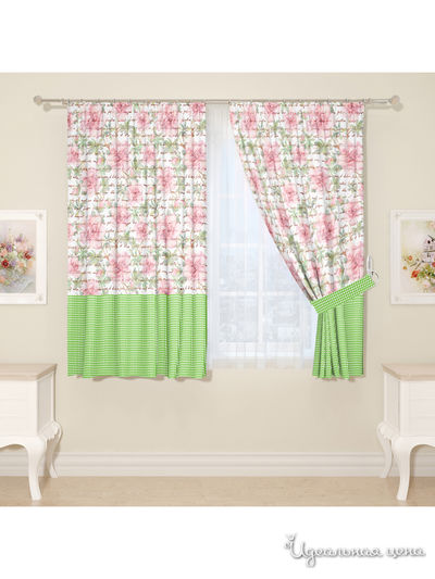 Комплект штор для кухни, штора 2 шт, подхват 2 шт Сирень, цвет розовый, зеленый
