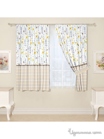 Комплект штор для кухни, штора 2 шт, подхват 2 шт Сирень, цвет бежевый
