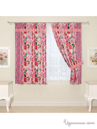 Комплект штор для кухни, штора 2 шт, подхват 2 шт Сирень, цвет красный, розовый