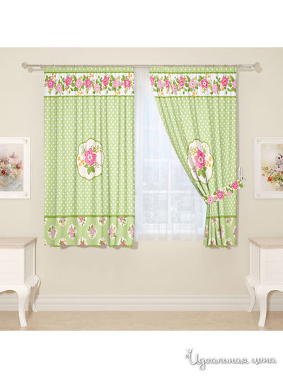 Комплект штор для кухни, штора 2 шт, подхват 2 шт Сирень, цвет зеленый