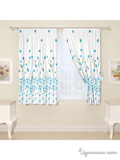 Комплект штор для кухни, штора 2 шт, подхват 2 шт Сирень, цвет голубой