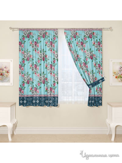 Комплект штор для кухни "Греческая роза", штора 2 шт, подхват 2 шт Сирень, цвет голубой