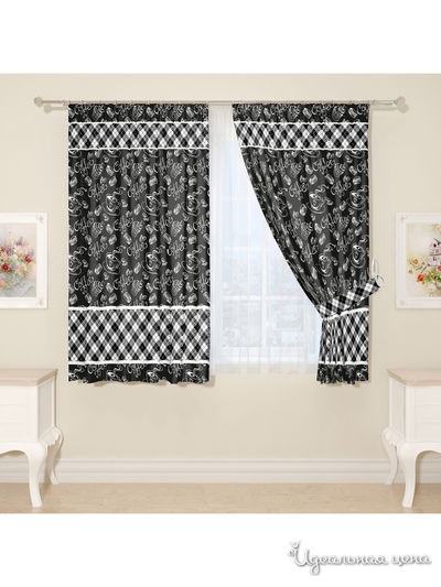 Комплект штор для кухни, штора 2 шт, подхват 2 шт Сирень, цвет черный
