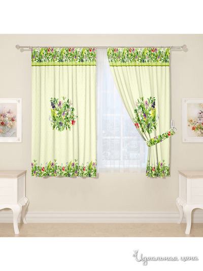 Комплект штор для кухни "Первоцвет", штора 2 шт, подхват 2 шт Сирень, цвет зеленый