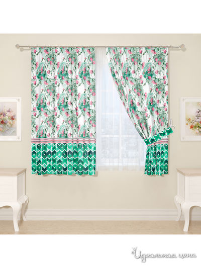 Комплект штор для кухни, штора 2 шт, подхват 2 шт Сирень, цвет зеленый