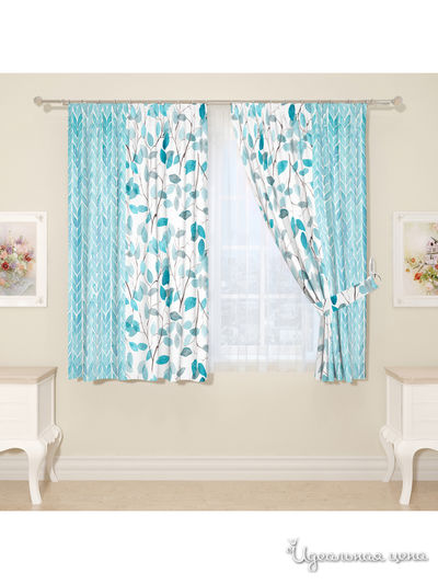Комплект штор для кухни, штора 2 шт, подхват 2 шт Сирень, цвет голубой