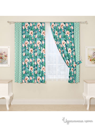 Комплект штор для кухни, штора 2 шт, подхват 2 шт Сирень, цвет бирюзовый