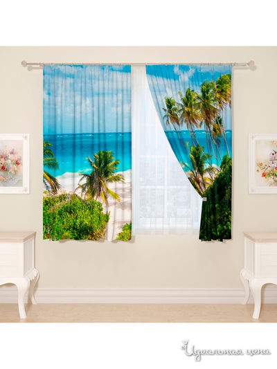 Фотошторы "Пляж у виллы", 145*160 см, 2 шт Сирень, цвет зеленый