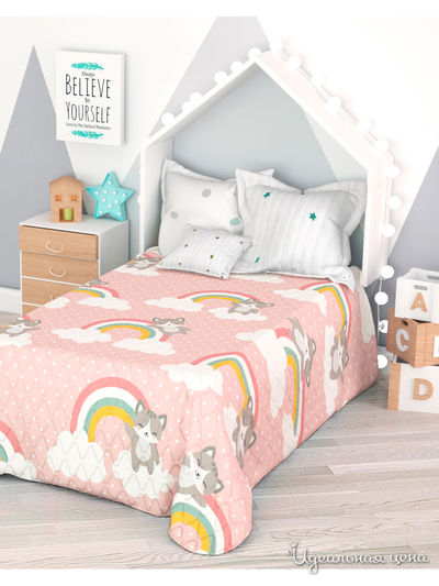 Покрывало стеганое "Котятки на радуге, розовый", 1,5-спальное Сирень, цвет мультиколор