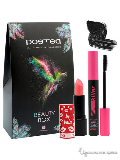 Подарочный набор: блеск-бальзам Sexy lips, Тушь KILLER, POETEQ, цвет розово-коралловый, черный