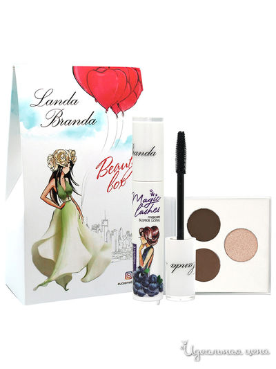Подарочный набор: тушь Супер длина, black, палетка для бровей, Brown hair, Landa Branda