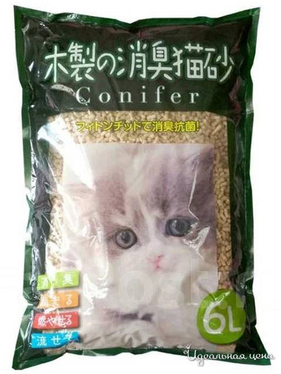 Туалетный наполнитель комкующийся для моментального впитывания на основе дробленной древесины хвойных деревьев (смываемый в канализацию), 6 л, KOCHO