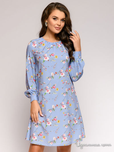 Платье голубое с цветочным принтом длины мини