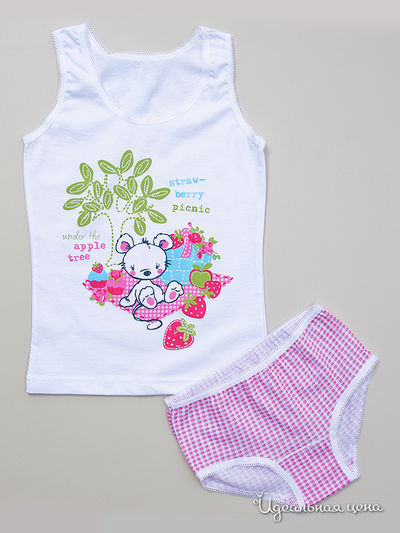 Комплект Апрель, цвет "Мышата и сладости" белый+клетка розовый Печать: Мышонок на пикнике