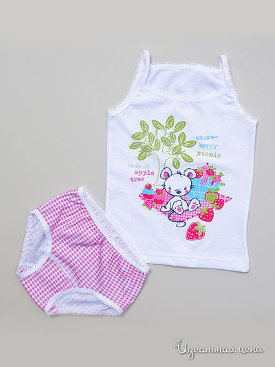 Комплект Апрель, цвет "Мышата и сладости" белый+клетка розовый Печать: Мышонок на пикнике