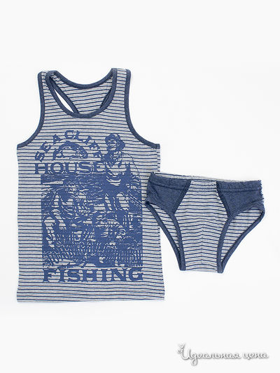 Комплект Апрель, цвет "Северный ветер" полоска сине-серый+синий Печать: Рыбаки