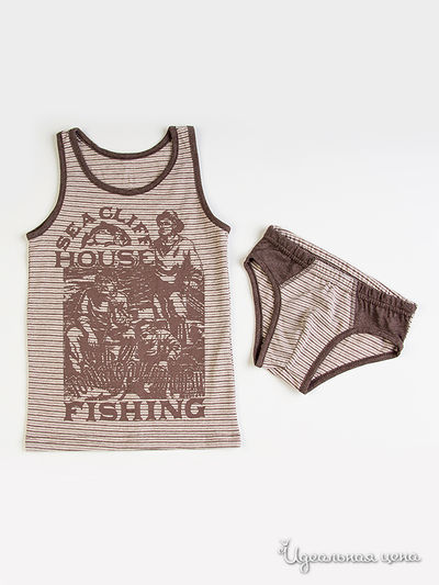 Комплект Апрель, цвет "Северный ветер" полоска бежево-коричневый+коричневый Печать: Рыбаки