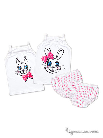 Комплект Апрель, цвет "Ушки на макушке" белый+горошек розовый Печать: Белка+Заяц