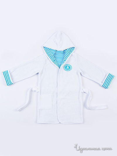 Халат Апрель, цвет белый+полоска бирюза Печать: Парусник вышивка