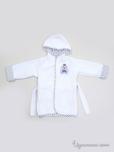Халат Апрель, цвет белый+синий горошек на белом Печать: Собачка вышивка