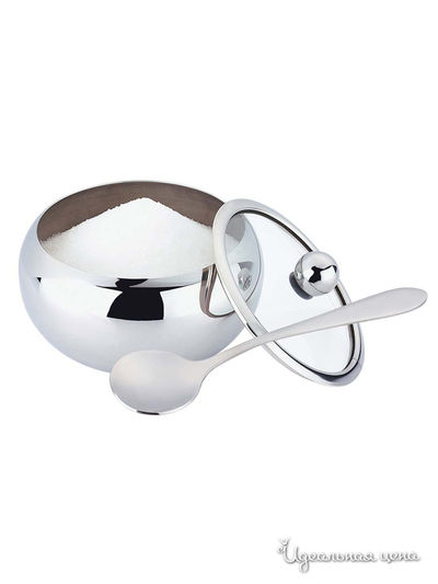 Сахарница с стеклянной крышкой и ложкой, 460мл Wellberg, цвет металл