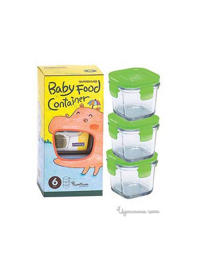 Набор квадратных контейнеров, 3 шт, 120 мл Glasslock, цвет Прозрачный с зеленым